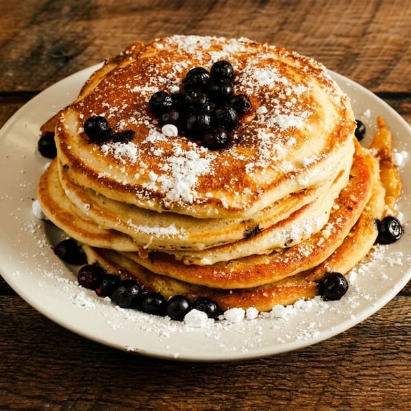 Stack of golden pancakes topped with blueberries and powdered sugar on a white plate.