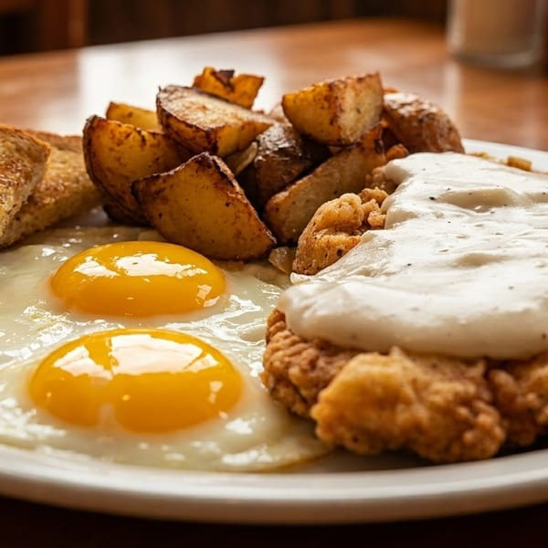 Chicken fried steak with gravy, two fried eggs, home fries, and buttered toast on a white plate.
