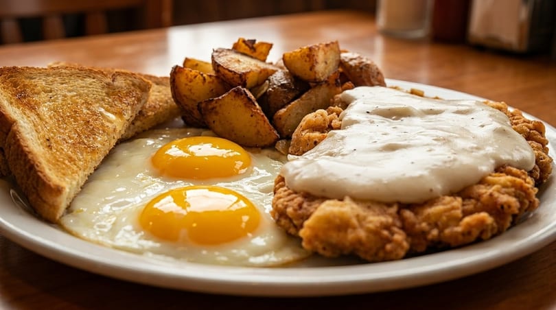 Chicken fried steak with gravy, two fried eggs, home fries, and buttered toast on a white plate.