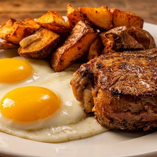 A plate of steak and eggs with a side of roasted potatoes on a wooden table.