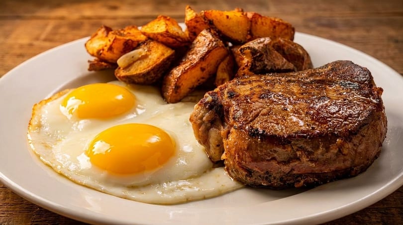 A plate of steak and eggs with a side of roasted potatoes on a wooden table.