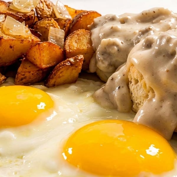 Breakfast plate with biscuits and gravy, fried eggs, and roasted potatoes with onions.