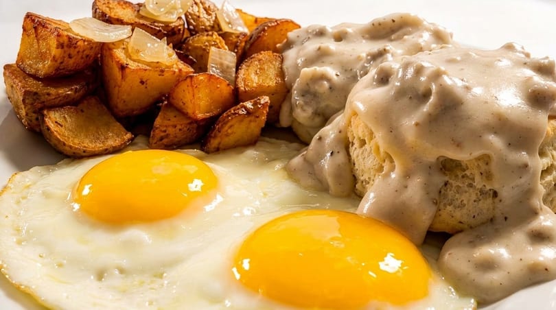 Breakfast plate with biscuits and gravy, fried eggs, and roasted potatoes with onions.