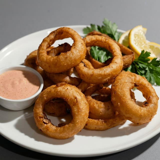 Onion Rings with Cajun Ranch Sauce.